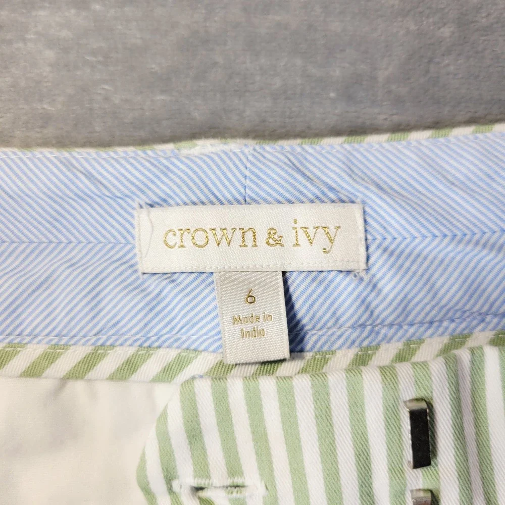 Crown & Ivy Womens 6 Green White Striped Shorts High Rise Cotton‎ Stretch Preppy
